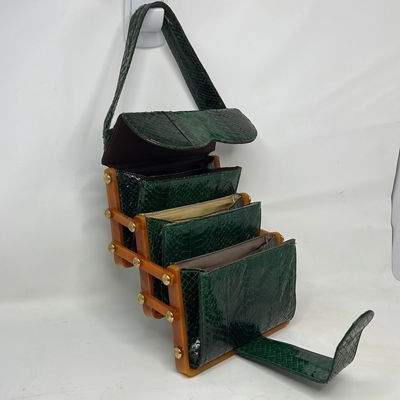 Handbags - Emerald Green Snakeskin and Caramel Bakelite Geometric Tiered Handbag